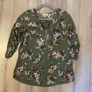 Olive green blouse with flowers